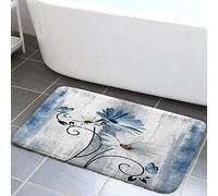 VeiVian Rustic Farmhouse Bath Mat, Farm Blue Daisy Floral Flowers Butterfly Country Wooden Bath Rug for Bathroom, Grey White Bath Mat Soft Non Slip Bath Rugs, 16X24IN