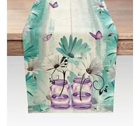VeiVian Rustic Farmhouse Floral Table Runner - Purple Teal Daisy Flowers Butterfly Abstract - Country Farm Turquoise Blue Violet Fabric - 13X72Inch