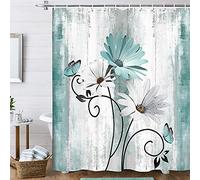 VEIVIAN Rustic Farmhouse Shower Curtain, Farm Teal Daisy Floral Flowers and Butterfly on Country Wooden Shower Curtain for Bathroom, Turquoise Blue Bathroom Shower Curtains with 12PCS Hooks (70X70)
