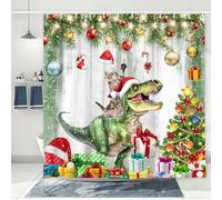 VeiVian Winter Christmas Shower Curtain, Funny Cat Riding Dinosaur Xmas Ball Pine Tree Vintage Wooden Shower Curtains for Bathroom, Modern Waterproof Fabric Bath Curtain for Home Bathroom, 72X72in