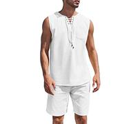vejtmcc Men's 2 Pieces Casual Cotton and Linen Outfits Summer Cuban Collar Walking Suits for Beach Holidays Vintage T-Shirts + Shorts Sets Leisure Suit Men's Shirt with Sports Trousers, White, M