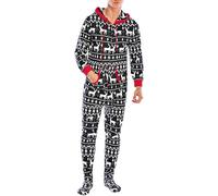 vejtmcc Men's Christmas Onesie Pyjamas with Hood and Zip Long Sleeve Dressing Gown Cuddly Romper Bathrobe Pyjamas Leisure Suit Jumpsuit Sleepwear, black, M