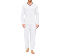 vejtmcc Men's Pyjamas 2-Piece Long Pyjama Set, Soft Sleepwear, Long Sleeve Bamboo Sleepwear with V-Neck, Tops and Pyjama Bottoms with Pockets, Sleepwear, Leisure Suit Pyjamas, White, L