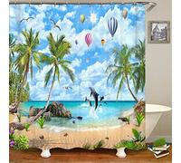 VEKETE Nature Landscape Shower Curtain 3D Dolphin Shell Beach Scenery Bathroom Curtain Home Decor Waterproof Polyester Bath Accessories,4,W90xH180cm