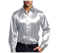 Vekewsap Luxury Satin Shirt Men's Slim Fit Party Shirt 70s Disco Party Costume Retro Lapel Business Shirt Non-Iron Wedding Shirt Shiny Silk Long Sleeve Shirt Flower Power Clothing Fishing Shirt, gray