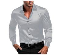 Vekewsap Luxury Satin Shirt Men's Slim Fit Party Shirt 70s Disco Party Costume Retro Lapel Business Shirt Non-Iron Wedding Shirt Shiny Silk Long Sleeve Shirt Flower Power Clothing Fishing Shirt, 01