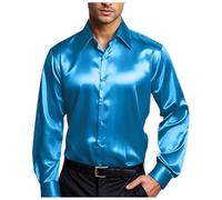 Vekewsap Luxury Satin Shirt Men's Slim Fit Party Shirt 70s Disco Party Costume Retro Lapel Business Shirt Non-Iron Wedding Shirt Shiny Silk Long Sleeve Shirt Flower Power Clothing Fishing Shirt, blue
