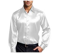 Vekewsap Luxury Satin Shirt Men's Slim Fit Party Shirt 70s Disco Party Costume Retro Lapel Business Shirt Non-Iron Wedding Shirt Shiny Silk Long Sleeve Shirt Flower Power Clothing Fishing Shirt, White