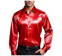 Vekewsap Luxury Satin Shirt Men's Slim Fit Party Shirt 70s Disco Party Costume Retro Lapel Business Shirt Non-Iron Wedding Shirt Shiny Silk Long Sleeve Shirt Flower Power Clothing Fishing Shirt, red