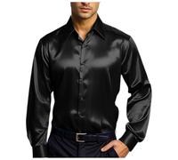 Vekewsap Luxury Satin Shirt Men's Slim Fit Party Shirt 70s Disco Party Costume Retro Lapel Business Shirt Non-Iron Wedding Shirt Shiny Silk Long Sleeve Shirt Flower Power Clothing Fishing Shirt, black