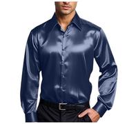 Vekewsap Luxury Satin Shirt Men's Slim Fit Party Shirt 70s Disco Party Costume Retro Lapel Business Shirt Non-Iron Wedding Shirt Shiny Silk Long Sleeve Shirt Flower Power Clothing Fishing Shirt, navy