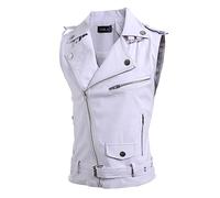 Vekewsap Men's Leather Vest Casual Sleeveless Biker Vest Rocker Club Vest Waistcoat Cowhide Jacket Sleeveless Riding Vest Motorcycle Jacket with Zip Brando Style Gilet, White, L