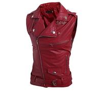 Vekewsap Men's Leather Vest Casual Sleeveless Biker Vest Rocker Club Vest Waistcoat Cowhide Jacket Sleeveless Riding Vest Motorcycle Jacket with Zip Brando Style Gilet, red, XL