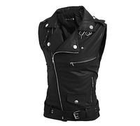 Vekewsap Men's Leather Vest Casual Sleeveless Biker Vest Rocker Club Vest Waistcoat Cowhide Jacket Sleeveless Riding Vest Motorcycle Jacket with Zip Brando Style Gilet, black, L