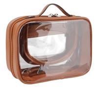 Veki Clear Waterproof Cosmetic Bag with Handle Strap, Travel PU Leather Toiletries Bag with Double Zips, Large Capacity Portable Bags Storage Organizer for Women and Girls (Small Coffee)