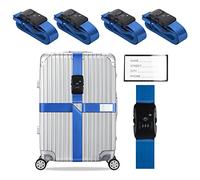 Veki Cross Luggage Straps Set TSA Approved with Lock Adjustable Travel Suitcase Belts Suitcase Tags with Name ID Card Packing Straps for Suitcases Strap Travel Accessories (Blue, 4pcs)