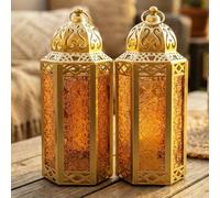 Vela Lanterns Gold Moroccan Decorative Candle Lantern Holder, Amber Glass, Medium