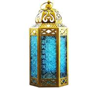 VELA LANTERNS Gold Moroccan Decorative Metal Candle Lantern Holders for Hanging or Table, Indoor Home Decor, Outdoor Patio or Porch, Ramadan, Weddings, Large, Blue Glass