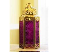 VELA LANTERNS Gold Moroccan Decorative Metal Candle Lantern Holders for Hanging or Table, Indoor Home Decor, Outdoor Patio or Porch, Ramadan, Weddings, Large, Purple Glass