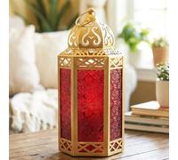 VELA LANTERNS Gold Moroccan Decorative Metal Candle Lantern Holders for Hanging or Table, Indoor Home Decor, Outdoor Patio or Porch, Ramadan, Weddings, Large, Red Glass