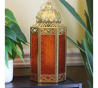VELA LANTERNS Gold Moroccan Decorative Metal Candle Lantern Holders for Hanging or Table, Indoor Home Decor, Outdoor Patio or Porch, Ramadan, Weddings, Large, Amber Glass