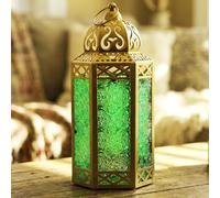 VELA LANTERNS Gold Moroccan Decorative Metal Candle Lantern Holders for Hanging or Table, Indoor Home Decor, Outdoor Patio or Porch, Ramadan, Weddings, Large, Green Glass