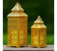 VELA LANTERNS Large Golden Temple Moroccan Lantern Lamp Decorative Candle Holders for Ramadan Decorations, Hanging, Outdoor Patio or Porch, Indoor Home Decor, Gold, Set of 2