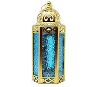 VELA LANTERNS Metal Moroccan Decorative Gold Candle Lantern Holders for Hanging or Table, Indoor Home Decor, Outdoor Patio or Porch, Ramadan, Weddings, Medium, Blue Glass