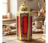 VELA LANTERNS Metal Moroccan Decorative Gold Candle Lantern Holders for Hanging or Table, Indoor Home Decor, Outdoor Patio or Porch, Ramadan, Weddings, Medium, Red Glass