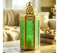 VELA LANTERNS Metal Moroccan Decorative Gold Candle Lantern Holders for Hanging or Table, Indoor Home Decor, Outdoor Patio or Porch, Ramadan, Weddings, Medium, Green Glass