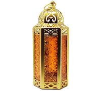 VELA LANTERNS Metal Moroccan Decorative Gold Candle Lantern Holders for Hanging or Table, Indoor Home Decor, Outdoor Patio or Porch, Ramadan, Weddings, Medium, Amber Glass