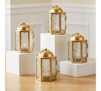 Vela Lanterns Mini Small 4.5 Inch Metal Moroccan Lantern Decorative Candle Tealight Holder for Centerpieces, Indoor Home Decor, Outdoor Patio, Weddings, Gold, Set of 4