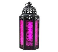 VELA LANTERNS Moroccan Candle Lantern Decorative Candle Holder Lamp for Indoor Outdoor, Ramadan, Home Decor, Patio, Weddings, Black Metal, Pink Glass, Medium Lantern