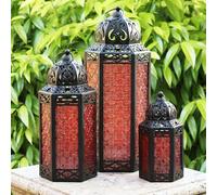 VELA LANTERNS Moroccan Candle Lantern Decorative Set of 3 for Floor, Ramadan Decorations, Indoor Home Decor, Outdoor Patio or Porch, Weddings, Red