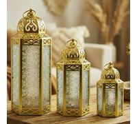 VELA LANTERNS Moroccan Candle Lanterns Decorative Set of 3 for Floor, Ramadan Decorations, Indoor Home Decor, Outdoor Patio or Porch, Weddings, Gold