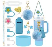 Velaco 11 PCS Accessories for Stanley Cup, Water Bottle Handle Strap for Stanley 30/40 oz tumbler with handle, including Straw Toppers, Silicone Cup Boot, Keychain Charms - Blue