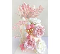 VELAFEE 29 Pcs Pink Cake Decorations - Happy Birthday Cake Topper with Palm, Cake Balls, Dried Flowers for Boho Decor