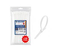 VELAMP - White Cable Ties 0.5 x 180 mm, 100 Pcs - Plastic Hose Clamps Suitable for Electrical Wiring and DIY Works, Resistant to Breakage, UV and Temperature- Maximum Binding Diameter 42 mm
