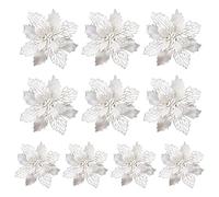 VELATEMOR 10Pcs 9cm Artificial Flowers Christmas, Glitter Poinsettia Black for Wedding Party Wreath Decoration Black (White)