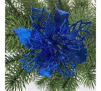 VELATEMOR 10Pcs 9cm Artificial Flowers Christmas, Glitter Poinsettia Black for Wedding Party Wreath Decoration Black (Blue)