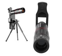 VELATEMOR Phone Camera Lens Kit, 28X Telephoto 198° Fisheye 0.6X Wide Angle 20X Macro Lens, with Adjustable Clamp and Tripod, for Travel Photography