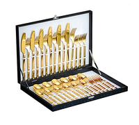 Velaze 30-Piece Gold Silverware Set Cutlery Set, 18/10 Stainless Steel Cutlery Set for 6 People Include Dinner Spoon, Dinner Fork, Dinner Knife and Dessert Fork, Mirror Polished Design