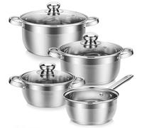 Velaze 7-Piece Cooking Pot Set Made of Stainless Steel, Induction Pot with Glass Lids, Classic Design, Pots with 3 Cooking Pots and 1 Saucepan, Pot Set for All Types of Stoves