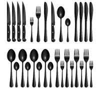 Velaze Cutlery Set, 24-Piece Black Knife and Fork Sets, Stainless Steel Flatware with Steak Knives,Mirror Polished,Dishwasher Safe