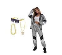 Velcoxplay 80s Costume Women's Tracksuit Disco, 80s 90s Retro Suit Jacket Trousers Suit Style Jogging Suit for Carnival Fancy Dress Costume Black M