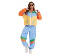 Velcoxplay 80s Costume Women's Tracksuit Disco, 80s 90s Retro Suit Jacket Trousers Suit Style Jogging Suit for Carnival Fancy Dress Costume, blue and yellow, M