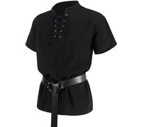 Velcoxplay Men's Medieval Shirt with Lacing, Pirate Shirt, Viking Tunic, Steampunk Retro Renaissance Gothic Halloween Costume with Belt, Black, L