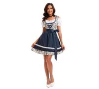 Velcoxplay Women's Blue Floral Midi Dirndl Dress with Lace, 3-Piece Set for Oktoberfest, Carnival, Size L
