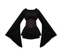 Velcoxplay Women's Gothic Blouse Renaissance Tops Off Shoulder Trumpet Sleeves Victorian Ruffle Blouse Long Sleeve Medieval Blouse with Corset Waist Belt Pirate Costume Black M