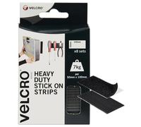 VELCRO Brand | Heavy Duty Stick On Strips | Industrial Strength Double Sided Hook & Loop Self Adhesive Strips Perfect for Room Décor & Home, Office, Garage Use | Black | 50mm x 100mm | Set of 8